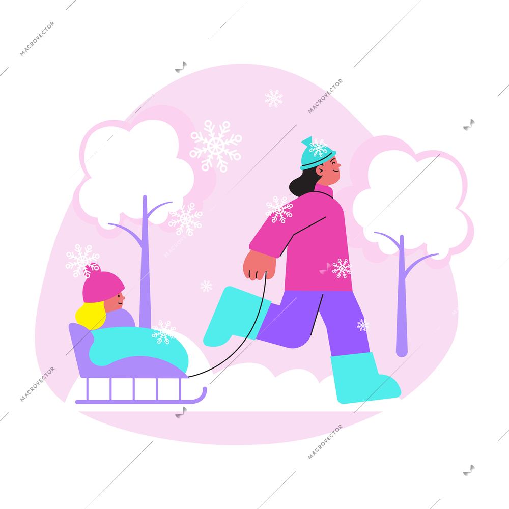 Winter flat composition with people sleighing in snowy weather vector illustration