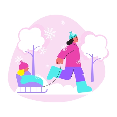 Winter flat composition with people sleighing in snowy weather vector illustration