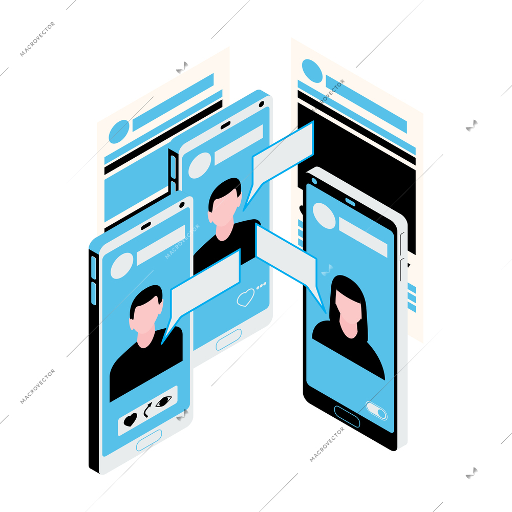 Isometric social media internet communication icon with smartphones messages notifications 3d vector illustration