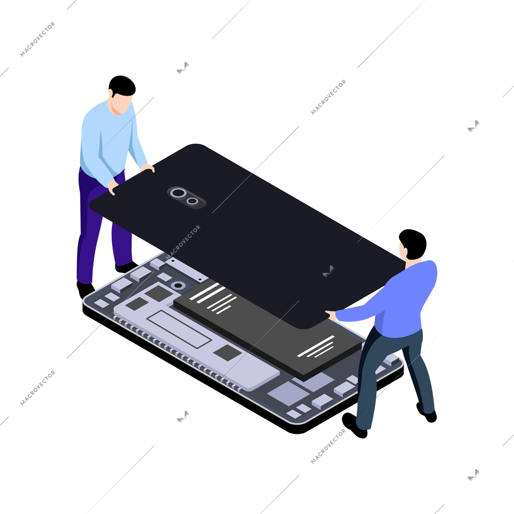 Isometric icon with repair service specialists fixing smartphone 3d vector illustration