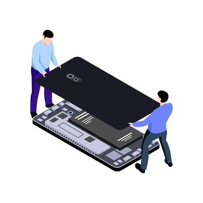 Isometric icon with repair service specialists fixing smartphone 3d vector illustration