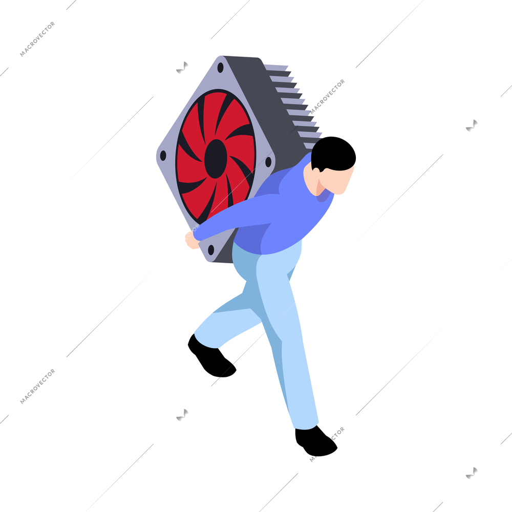 Man from computer repair service carrying cooler for processor 3d isometric vector illustration