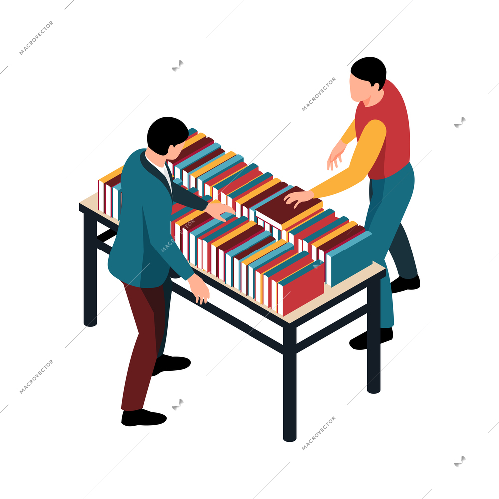 People buying books at fair or shop 3d isometric vector illustration