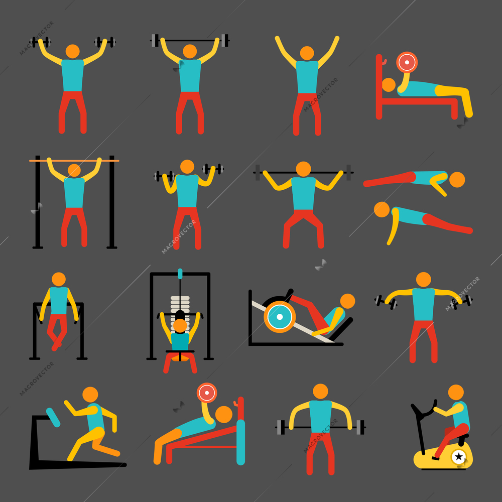 Workout sport and fitness training icons set of athletic healthy man isolated vector illustration