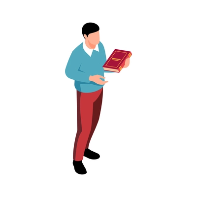 Isometric character of man holding hardcover book on white background 3d vector illustration