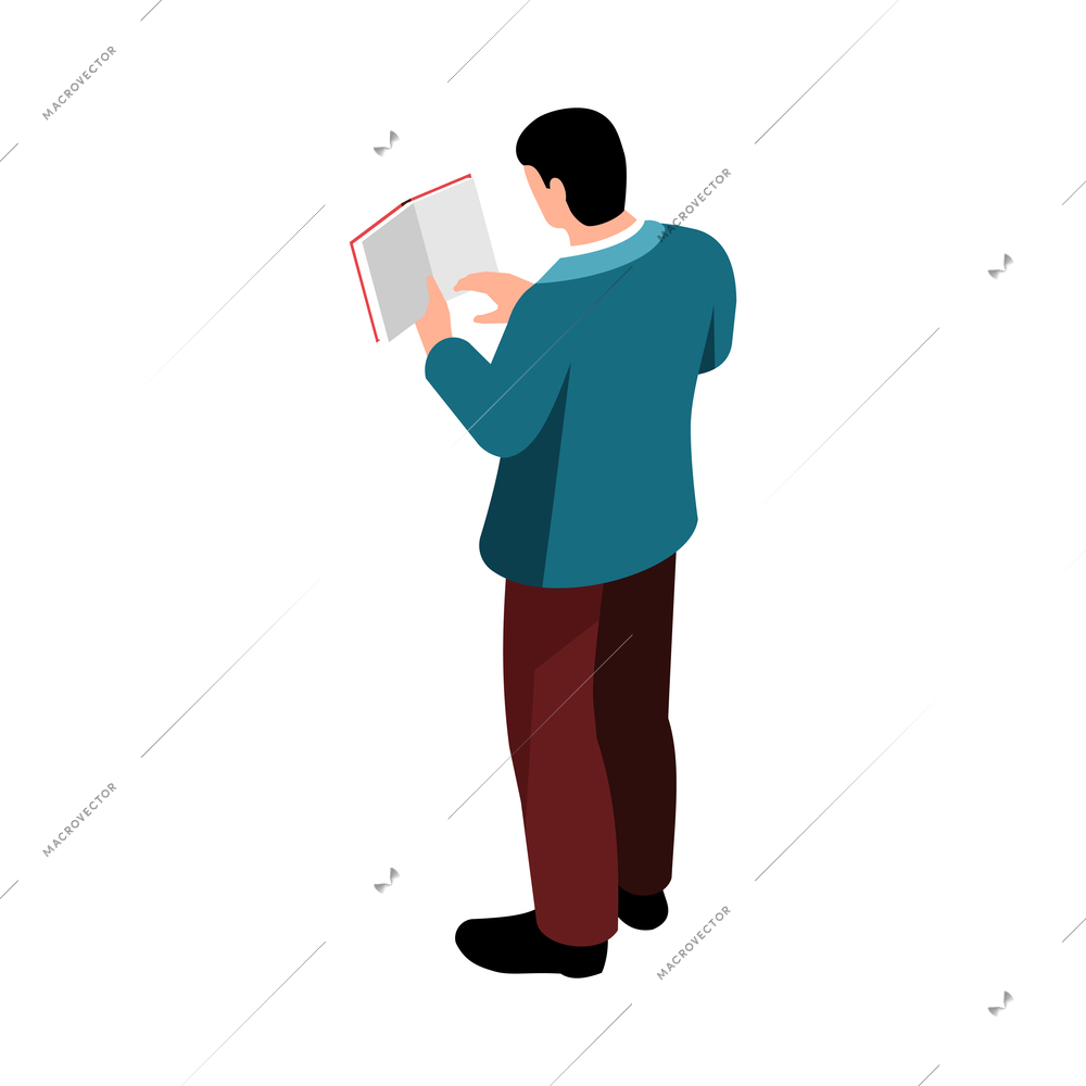 Back view of man reading book isometric icon on white background 3d vector illustration