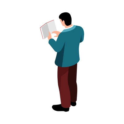 Back view of man reading book isometric icon on white background 3d vector illustration