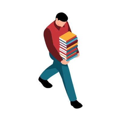 Man carrying stack of books in colorful covers at fair or library isometric icon vector illustration