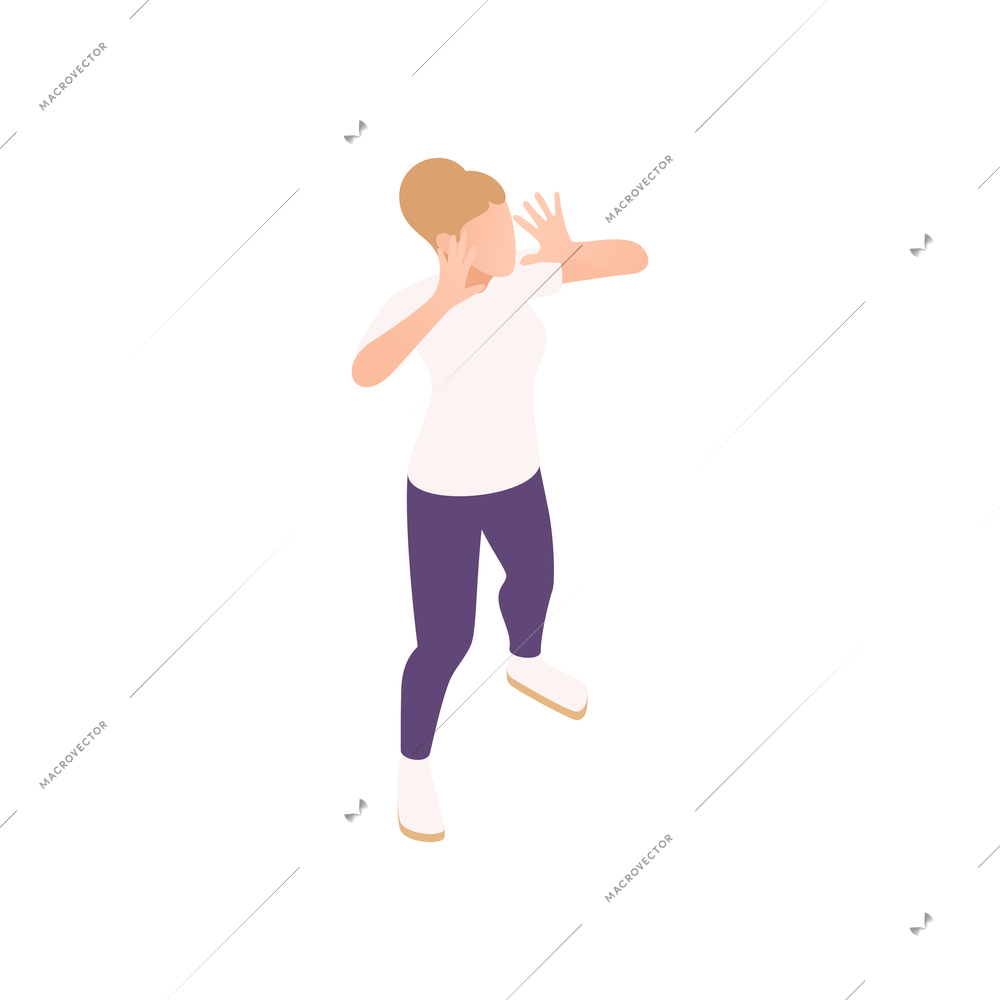 Party surprise isometric icon with woman screaming holding her hands near mouth vector illustration