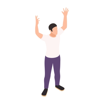 Character of gesturing man with hands up isometric icon on white background vector illustration