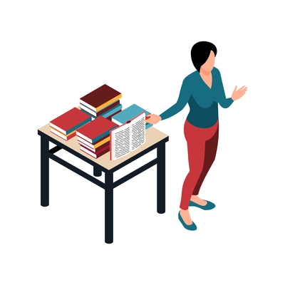 Woman presenting new books at fair isometric icon vector illustration