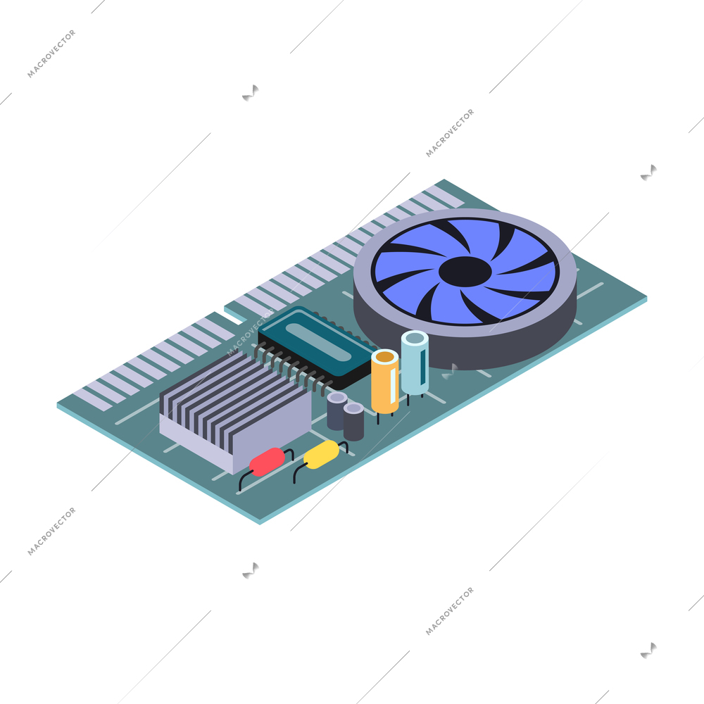 Personal computer hardware with video graphic card isometric icon vector illustration