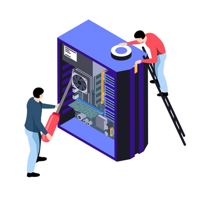 Isometric computer repair workers fixing computer 3d vector illustration