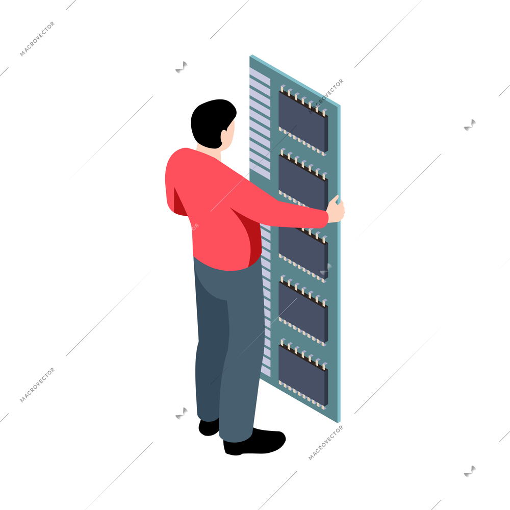 Computer repair service icon with character holding random access memory isometric vector illustration