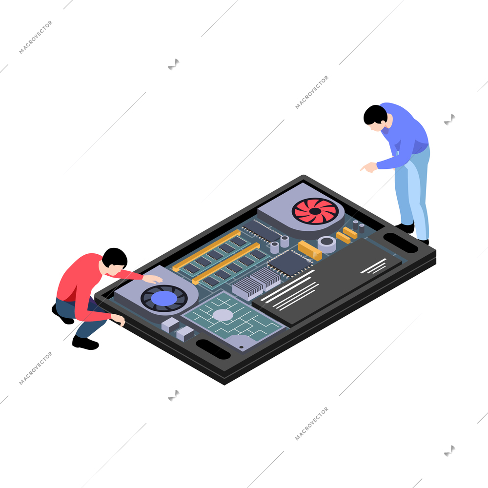 Repair service workers fixing computer hardware isometric icon vector illustration