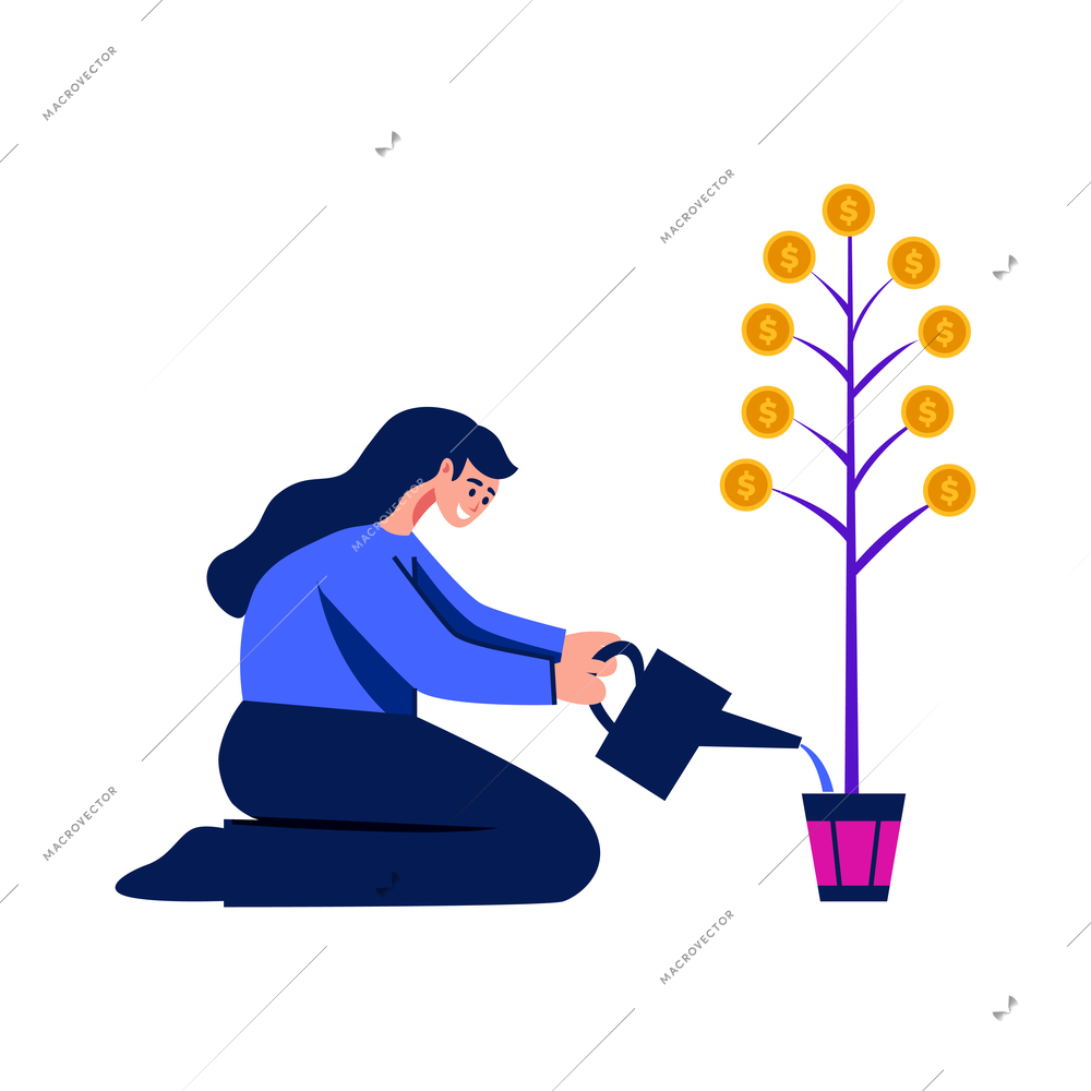 Business grown flat icon with woman watering tree with coins instead of leaves vector illustration