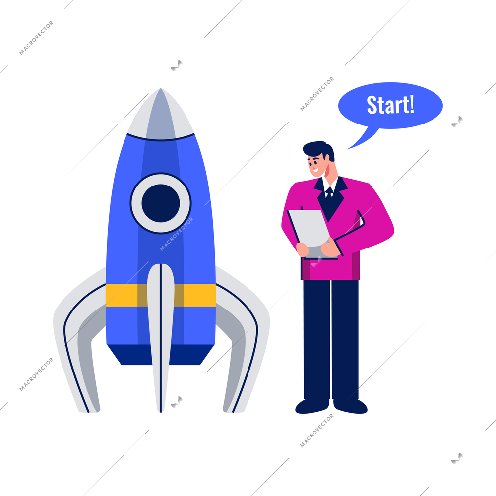 Business startup flat icon with rocket and happy businessman character isolated vector illustration