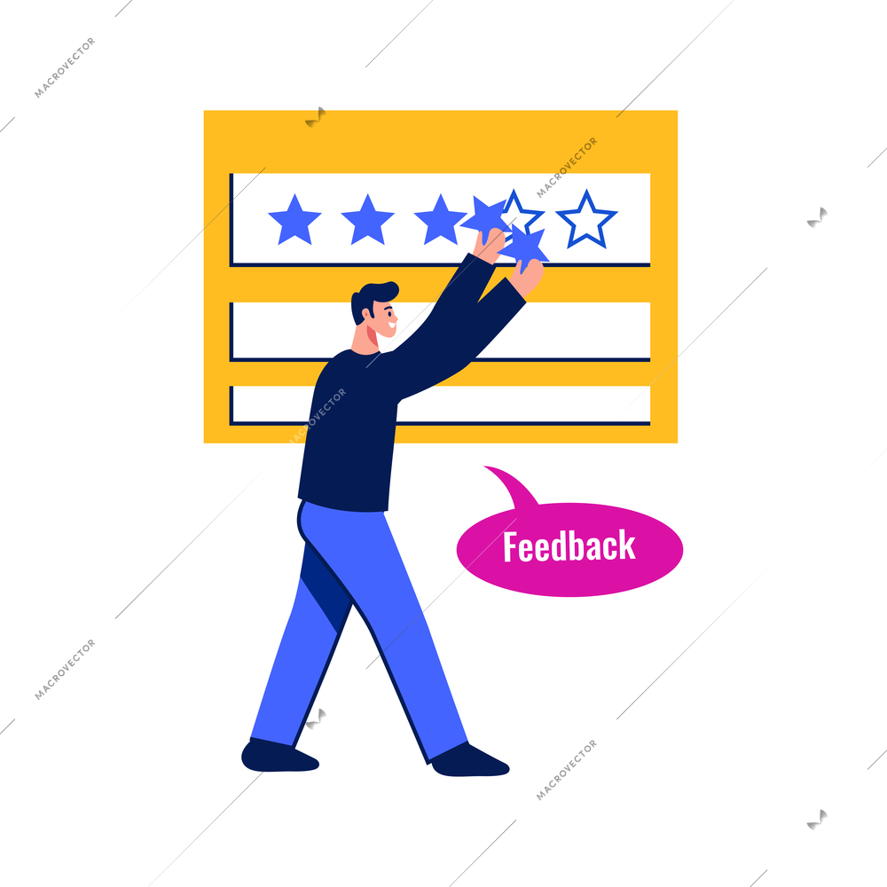 Business marketing concept with happy character leaving feedback flat vector illustration