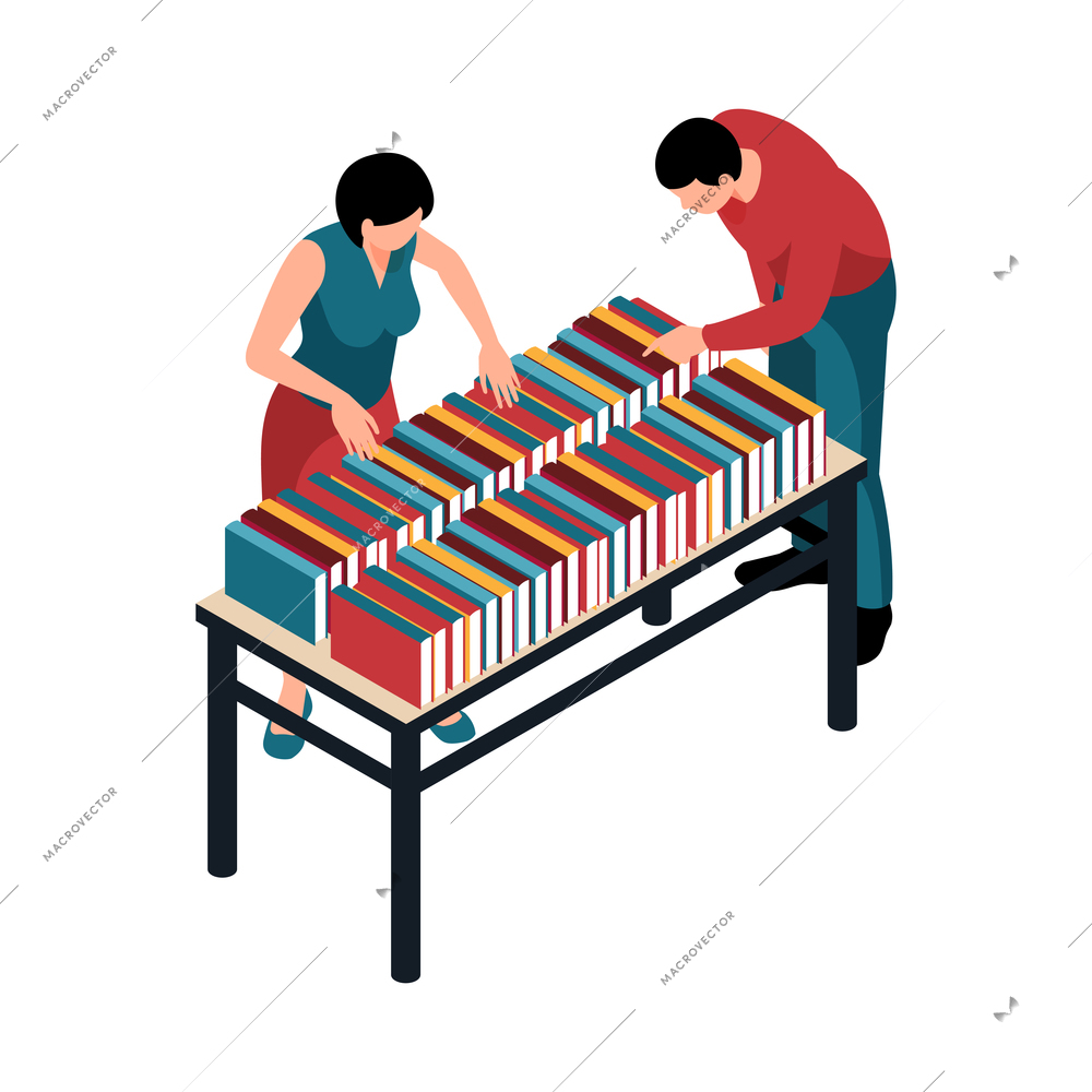 Isometric icon with two characters choosing book at fair or market 3d vector illustration