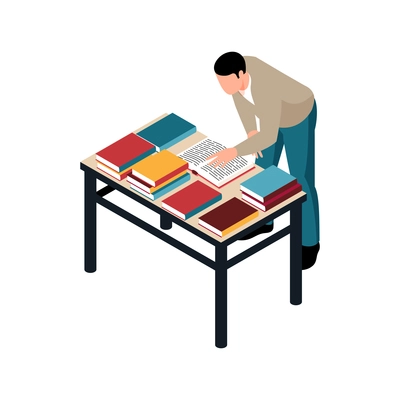 Isometric icon with man choosing book at exhibition or shop 3d vector illustration