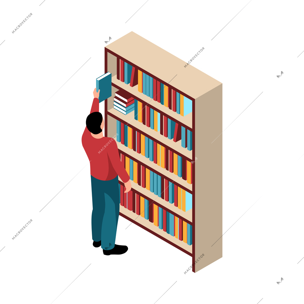 Isometric icon with character taking book from shelf at fair shop or library 3d vector illustration
