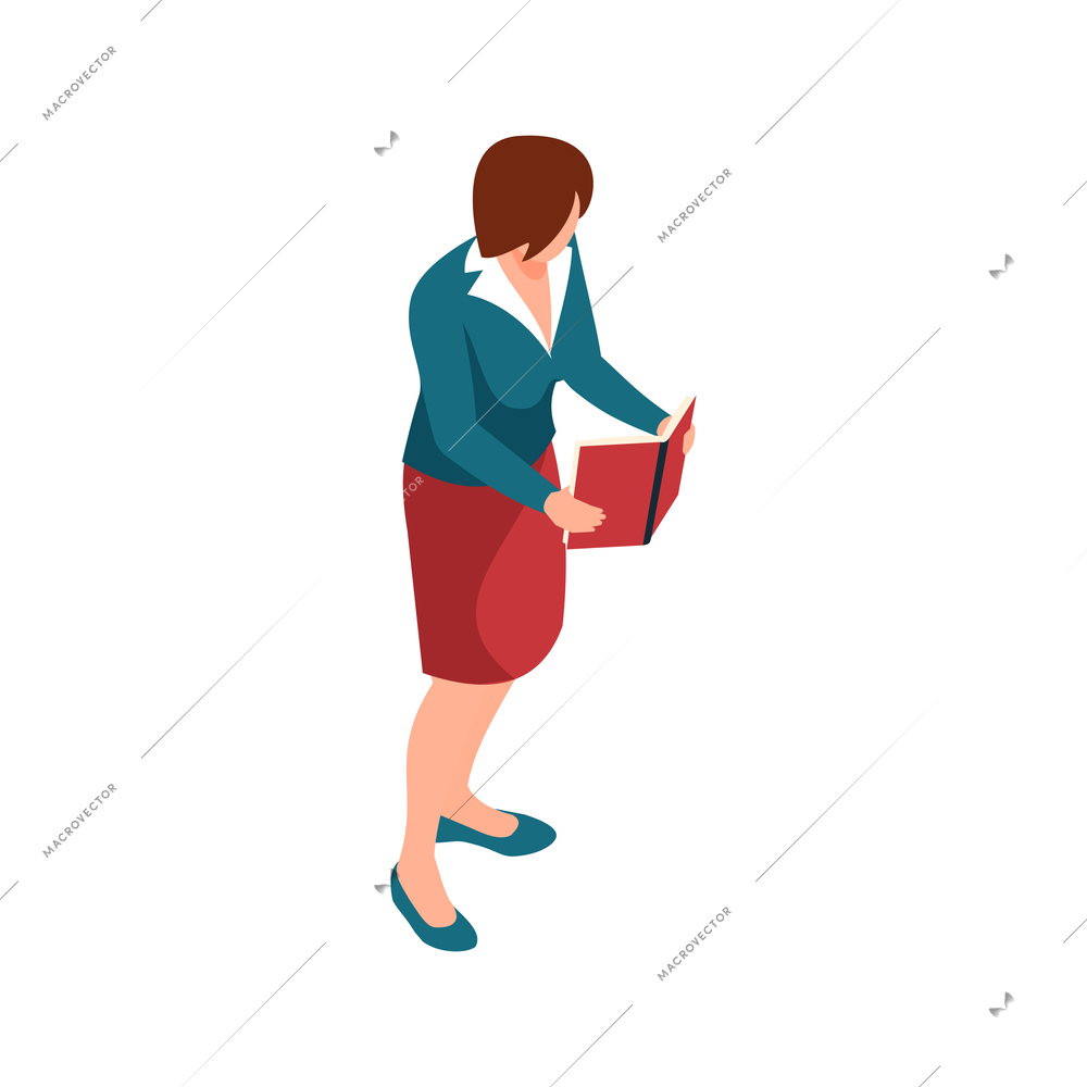 Woman reading book while standing isometric icon vector illustration