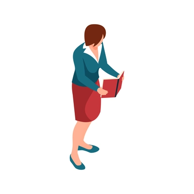 Woman reading book while standing isometric icon vector illustration