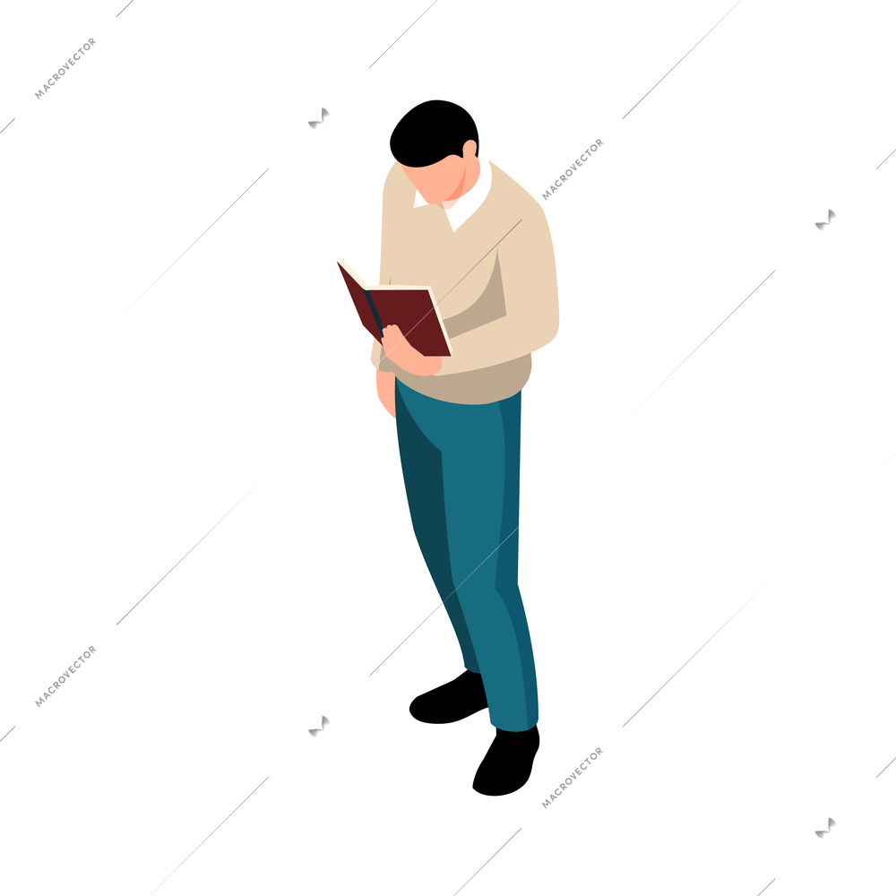 Isometric icon with man standing and reading book on white background 3d vector illustration