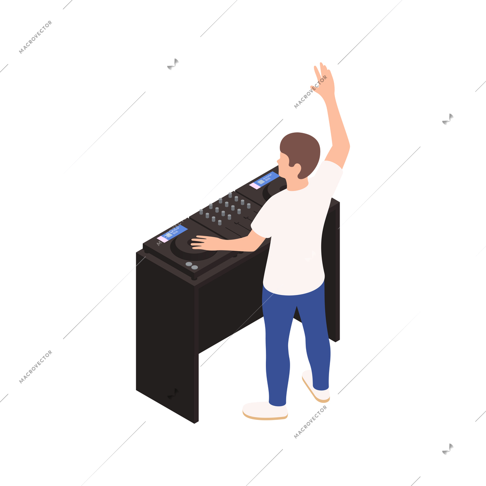 Dj playing music at party isometric icon on white background vector illustration