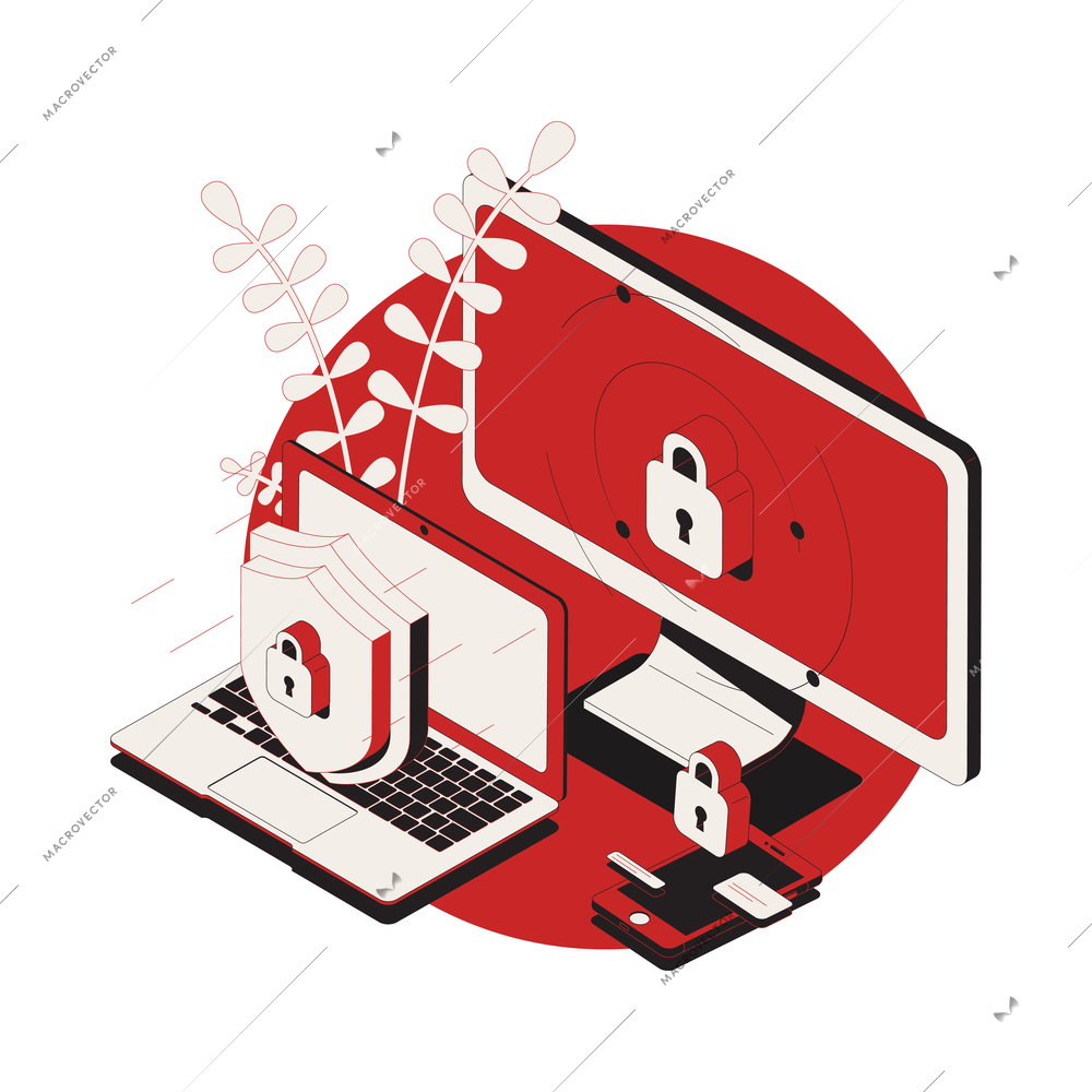 Isometric composition with information on various devices protected from cyber attack 3d vector illustration