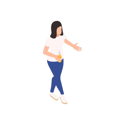 Isometric party icon with female character holding bottle of beer 3d vector illustration