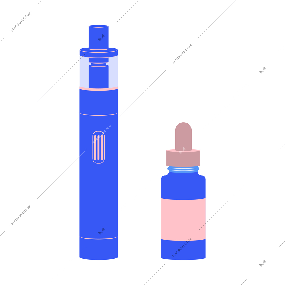 Flat composition with electronic cigarette and vape liquid in bottle isolated vector illustration