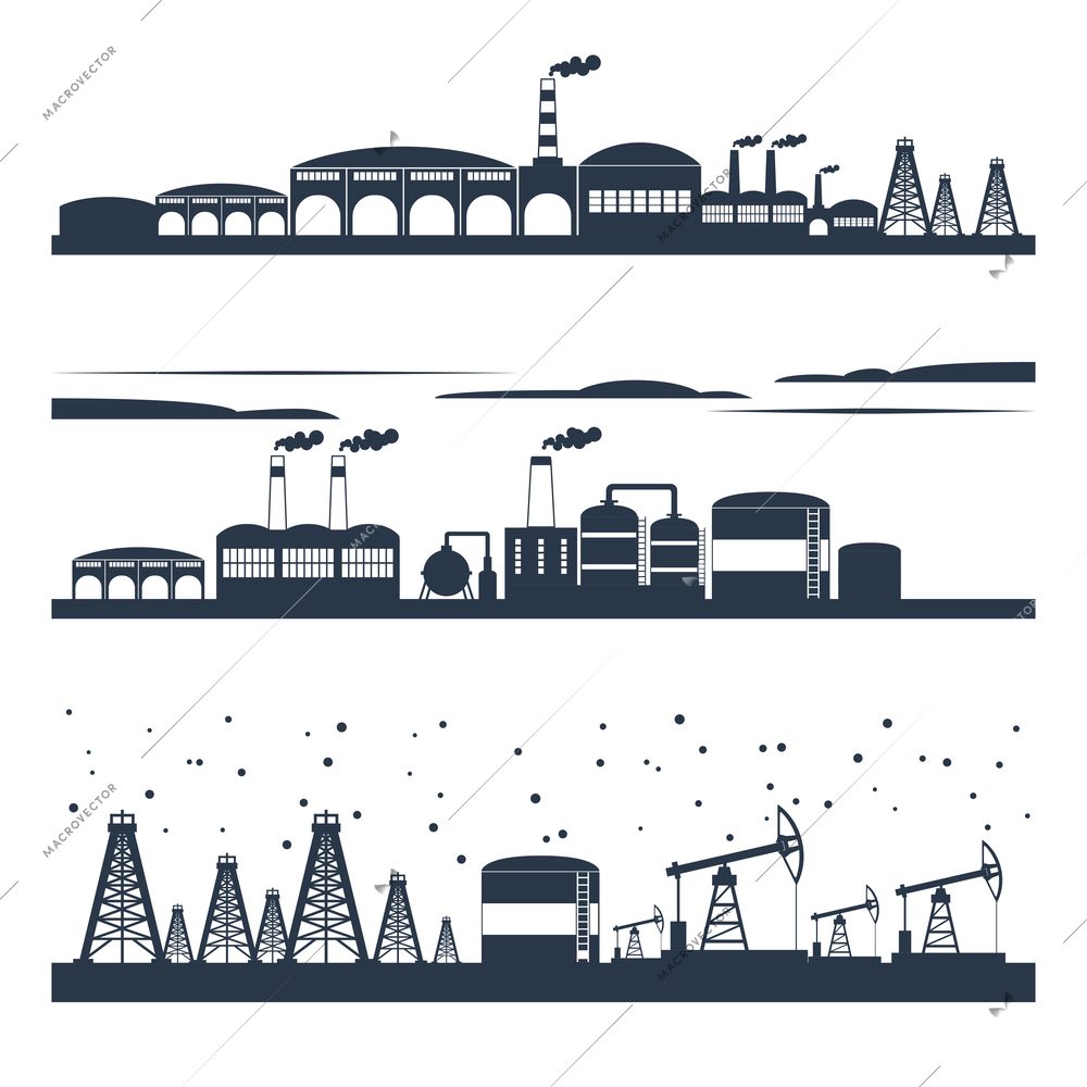 Industrial building modern city skyline black silhouettes horizontal banners set isolated vector illustration