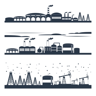 Industrial building modern city skyline black silhouettes horizontal banners set isolated vector illustration