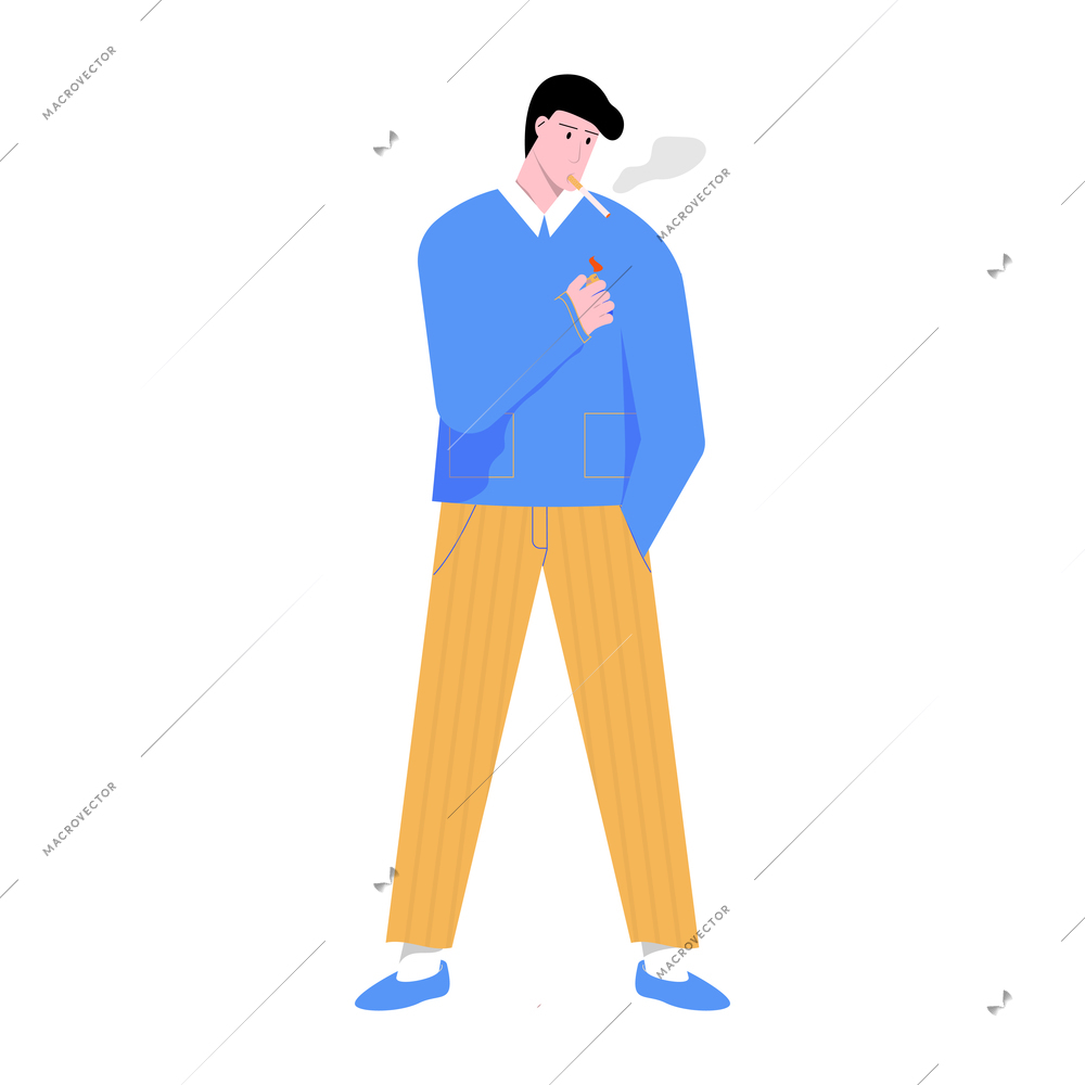 Male smoker lighting cigarette with lighter flat icon vector illustration