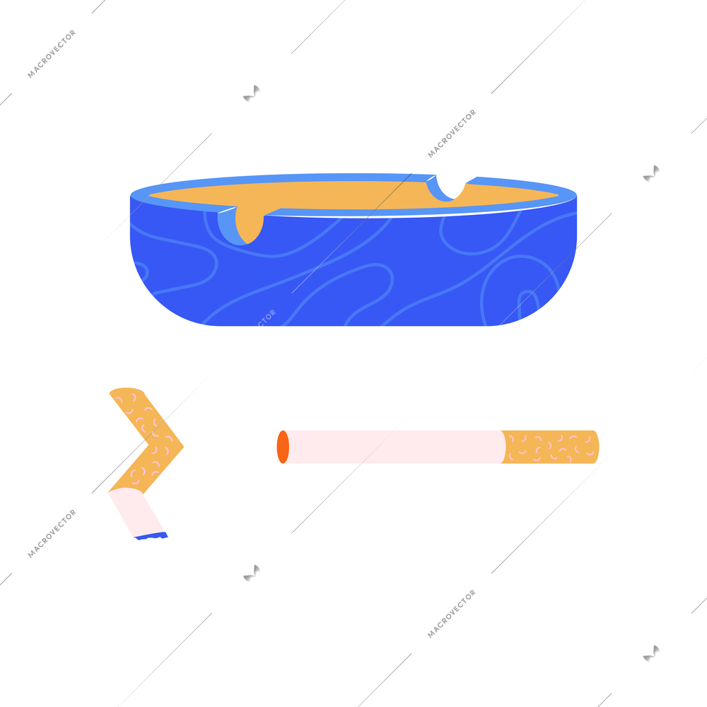 Smoking flat composition with two cigarettes and ceramic ash tray isolated vector illustration