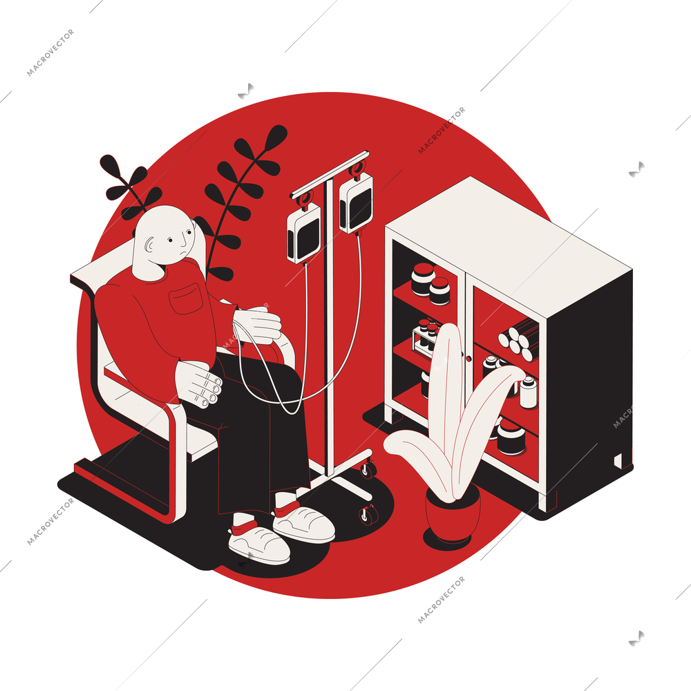 Isometric cancer composition with sad bald man doing chemotherapy 3d vector illustration