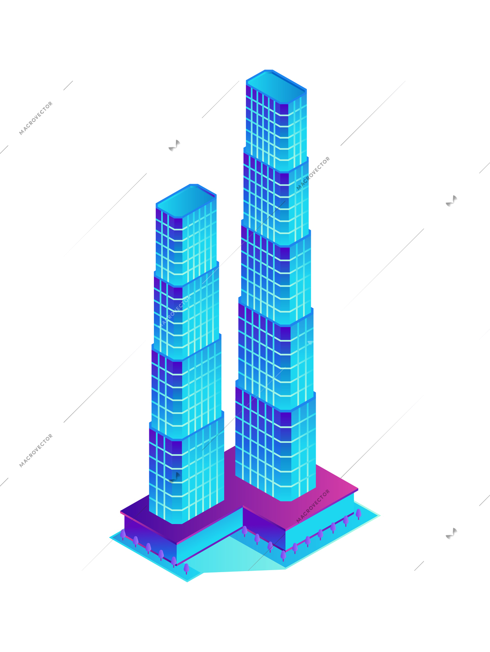 Two neon color skyscrapers isometric icon 3d vector illustration