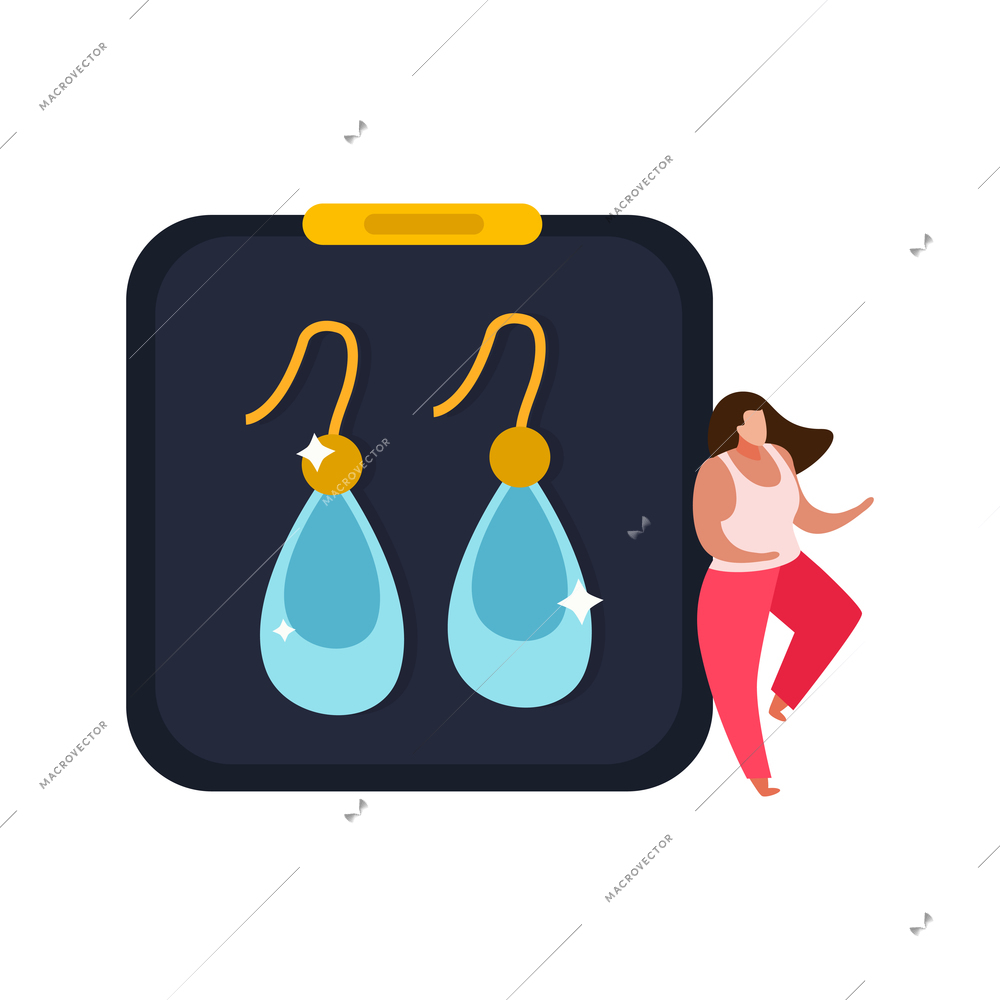 Jewelry flat icon with earrings pair and doodle human character vector illustration