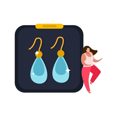 Jewelry flat icon with earrings pair and doodle human character vector illustration