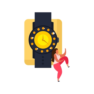 Flat jewelry icon with doodle female character and watch with shiny gem stones vector illustration