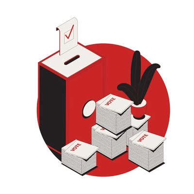 Election isometric composition with 3d stacks of voting papers and ballot box vector illustration