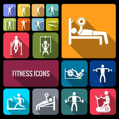 Workout sport and fitness gym training decorative icons flat set of healthy man isolated vector illustration