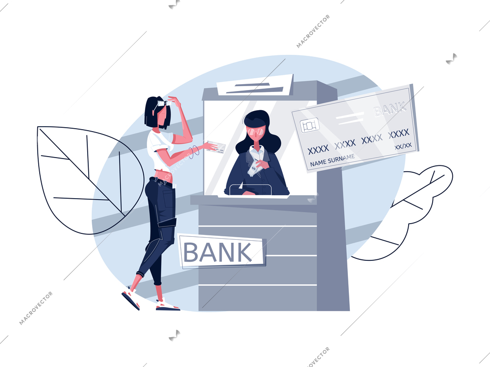 Flat composition with woman giving credit card to bank cashier in cash department vector illustration