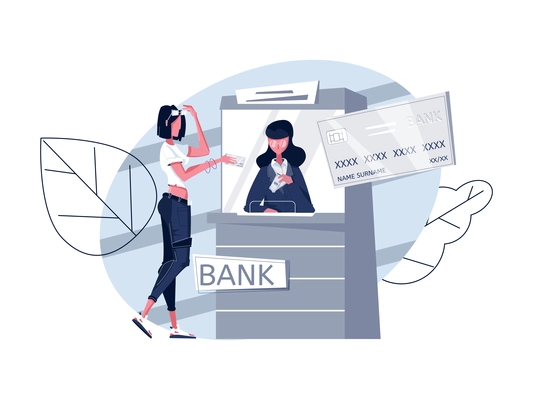 Flat composition with woman giving credit card to bank cashier in cash department vector illustration