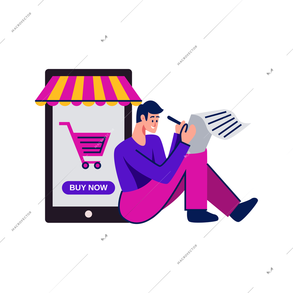 Marketing flat icon with online shop in smartphone and businessman at work vector illustration