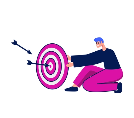 Marketing business goal flat icon with happy character holding target vector illustration