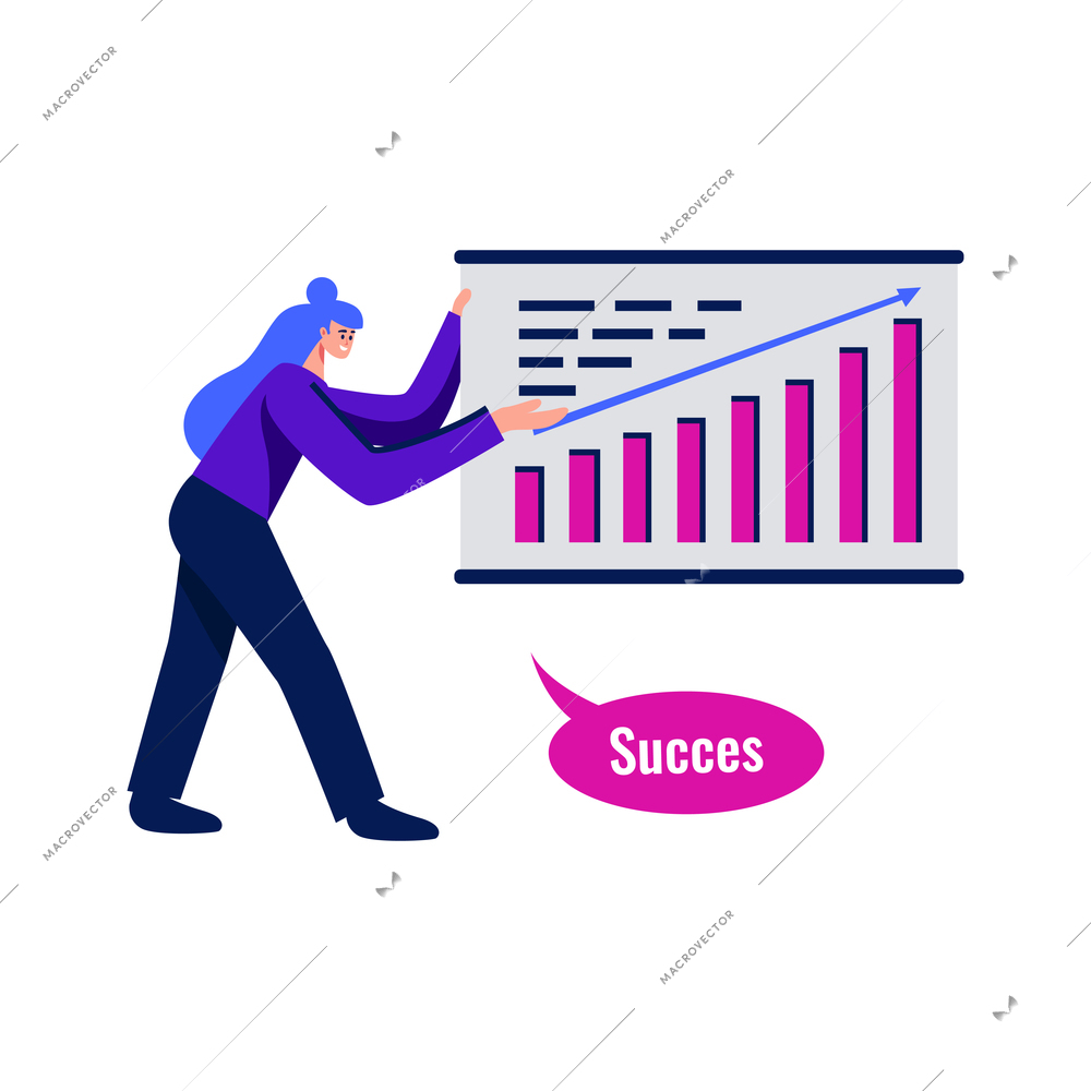 Business marketing success flat icon with happy woman and growing bar graph vector illustration