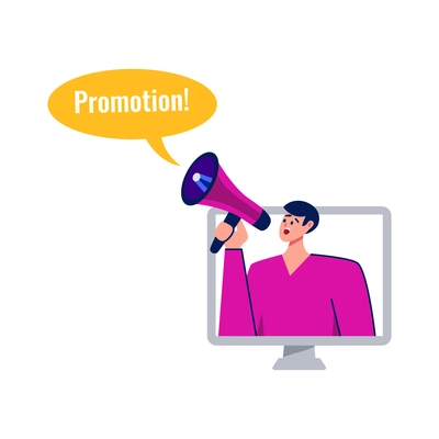 Marketing business promotion icon with character shouting in megaphone flat vector illustration
