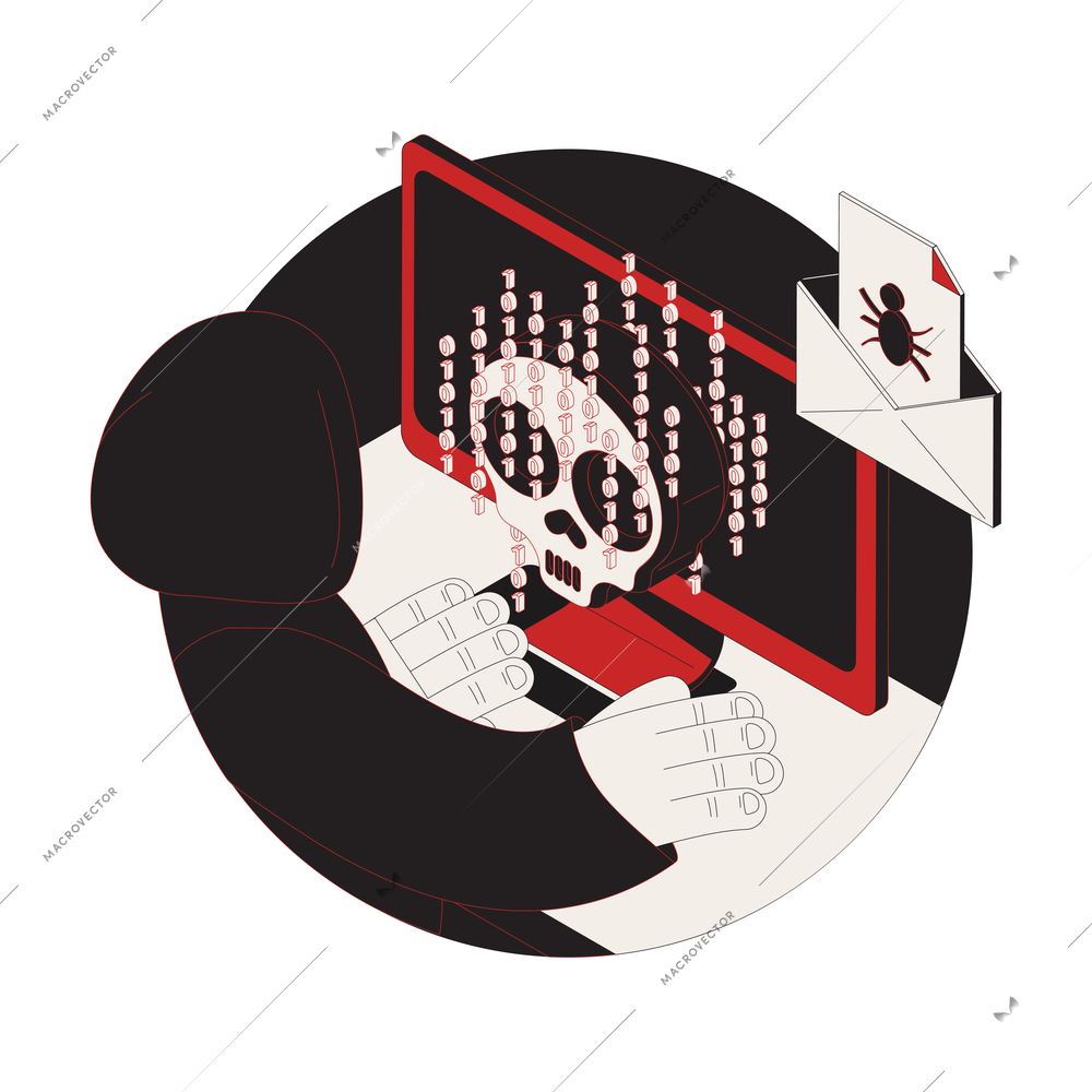Cyber attack dark isometric composition with hacker biometric code infected email 3d vector illustration